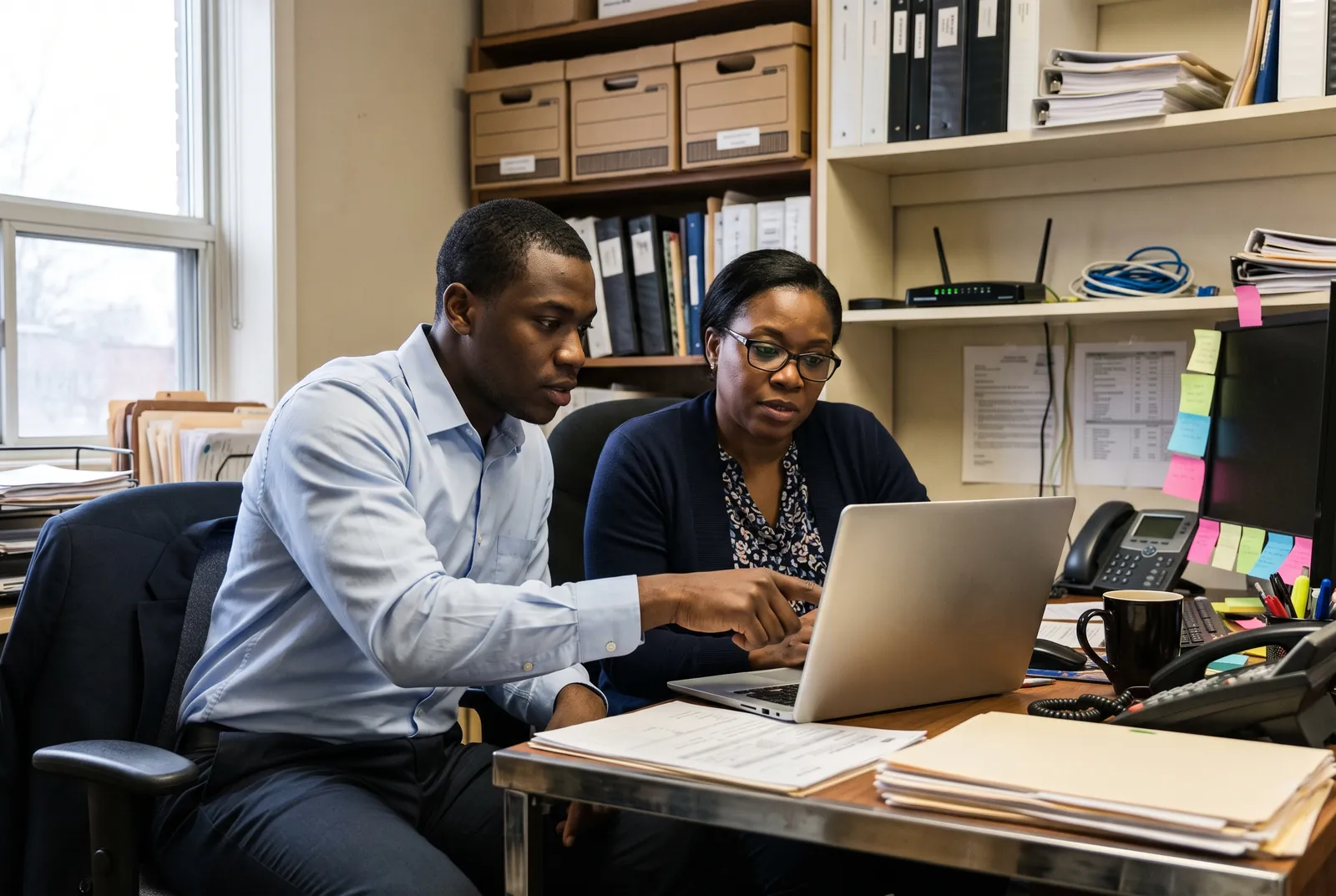 An IT technician points out a setting on a laptop to an office manager at her desk.
