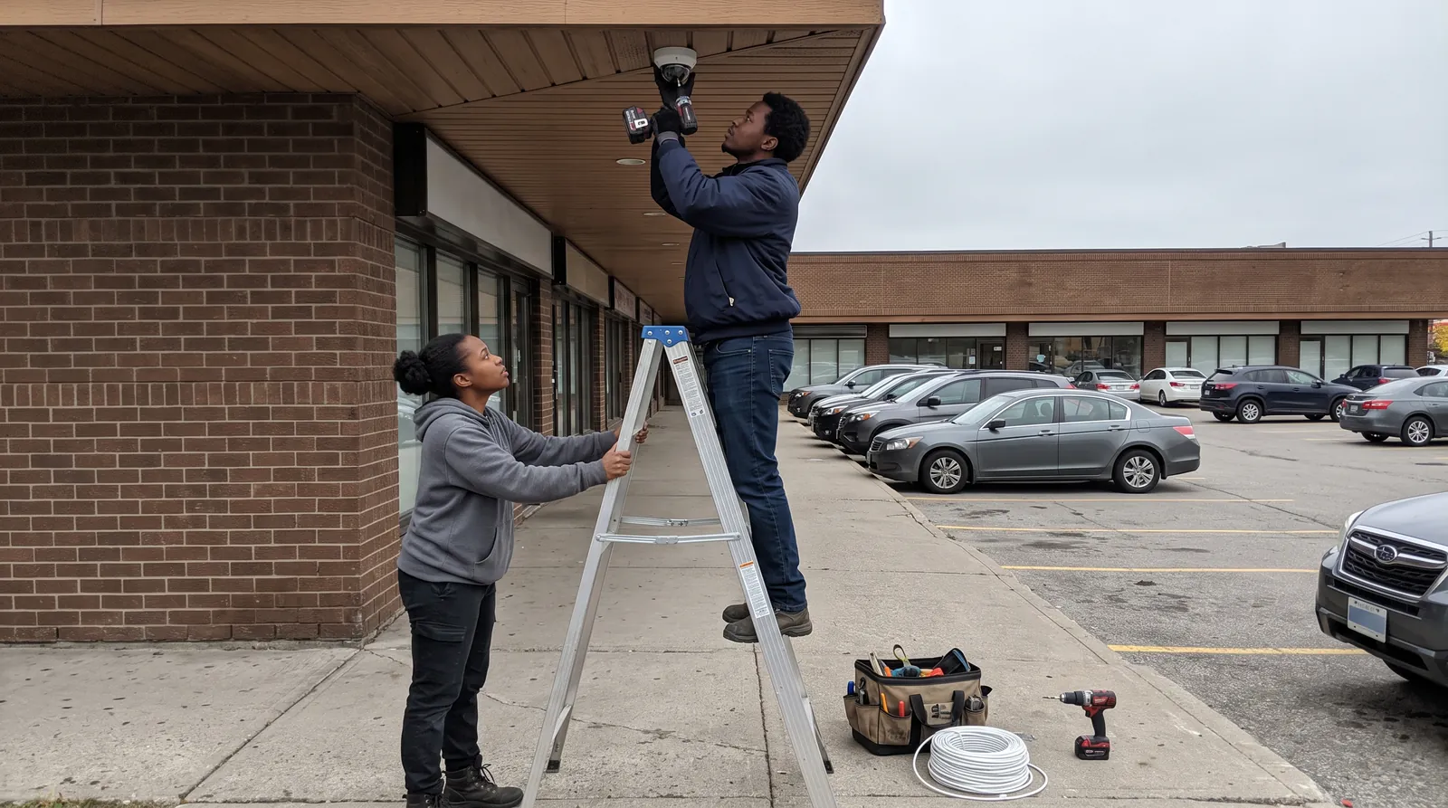 A technician on a ladder mounts a dome camera under the overhang of a brick plaza while a coworker holds the ladder.