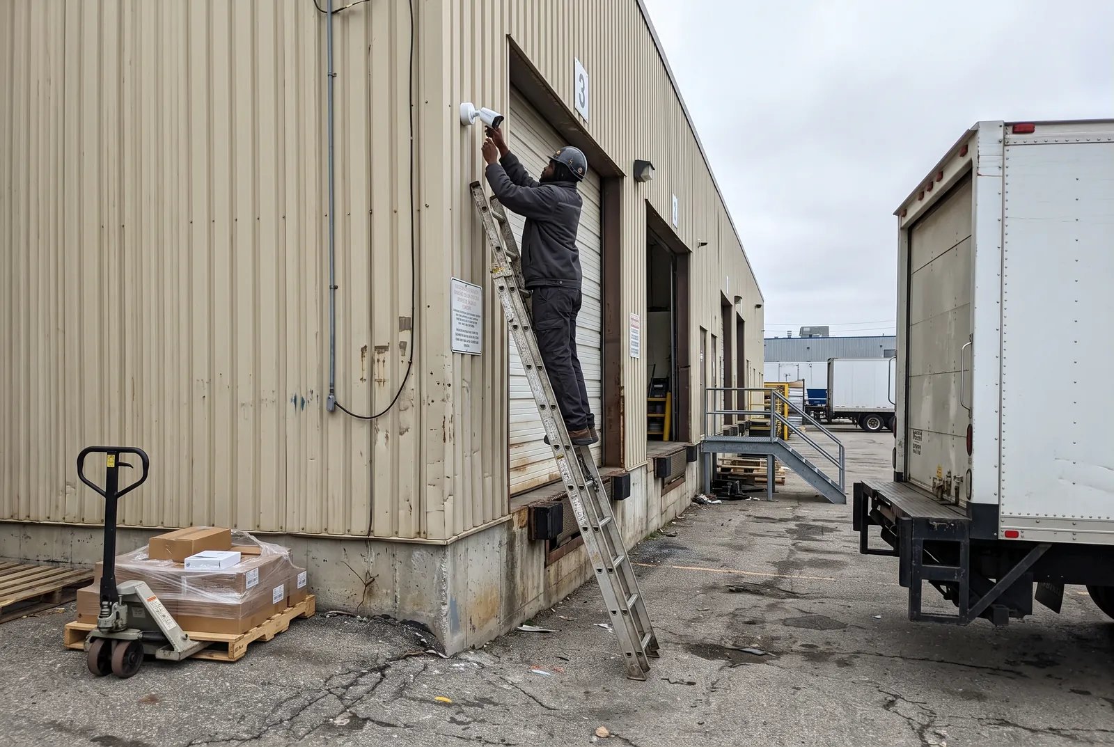 A technician on a ladder aims a camera above a warehouse loading door.