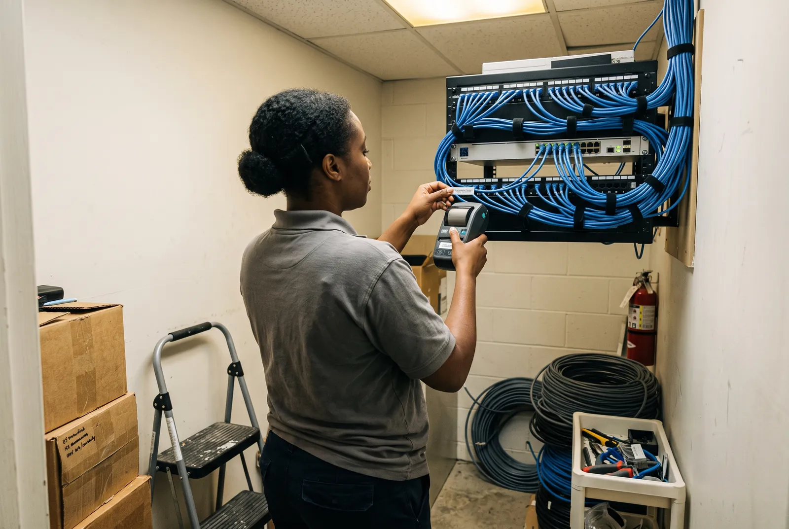A technician labels patch cables at a wall-mounted network rack.