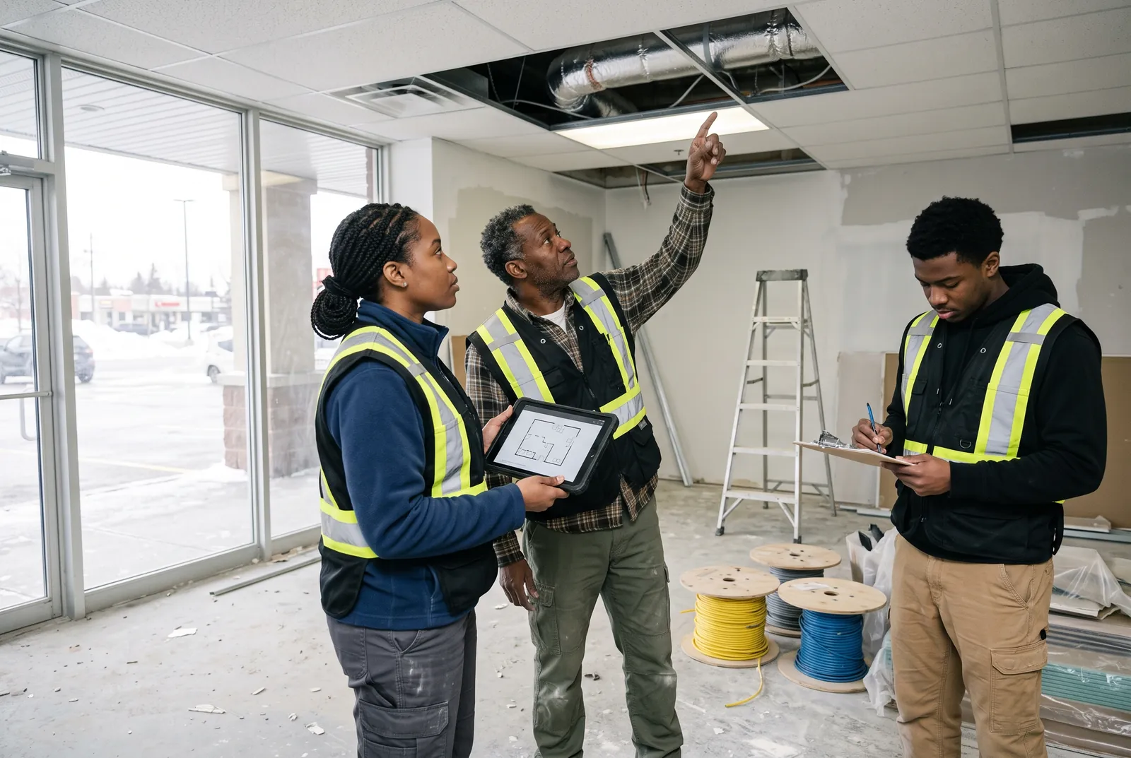 Three people walk an empty commercial unit, checking a floor plan and pointing at the ceiling.